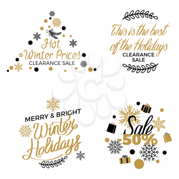 Winter holidays discount concepts set with snowflakes, hearts, gifts  in black and gold colors with elegant lettering on white. Christmas,  New Year and Valentines sales logos with gilded elements