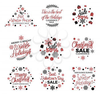 Winter holiday sale labels vector poster in purple and black colors. Hot winter prices clearance sale. Besr Valentines day sale. Decorated tags with writings showing discounts during winter holidays.