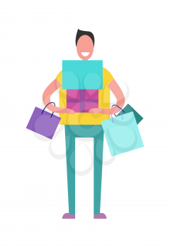 Shopping man dressed in yellow t-shirt and jeans holding presents for his close people vector illustration isolated on white background