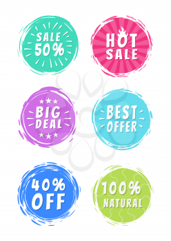 Sale 50 best hot big deal offer 100 natural choice special offer promo stickers round labels brush strokes vector illustration stamps text isolated
