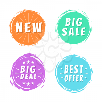 New big sale best offer deal text on painted spots with brush strokes vector illustration isolated on white background, promo advertisement labels design