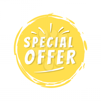 Special offer inscription on yellow painted spot with brush strokes vector illustration isolated on white background, promo discounts label design