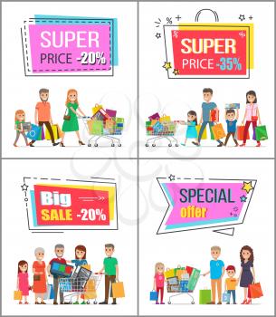 Super price off up to 30 commercial posters set. Big families out on shopping with full trolleys crowded with purchases vector illustrations.