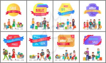 Sale special offer labels on posters with people doing shopping, vector illustration banners with families carrying carts, trolleys full of presents