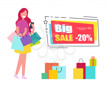 Big sale voucher with woman who carries colorful paper shopping bags and small present box with ribbon and bow isolated vector illustration.