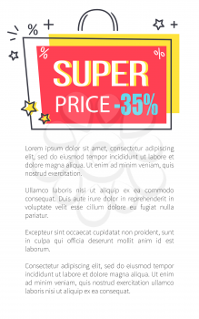 Super price promo poster with shopping bag sticker of bright colors and with small stars vector illustration. Great cost decrease advertisement.
