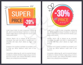 Super price reduction advertisement emblems set. Creative discounts round circle shape, labels with bow vector illustration promo posters with text