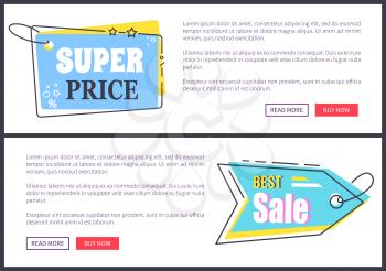 Best sale and super price, websites collection with stickers with holes and laces, text sample and two buttons bottom of page on vector illustration