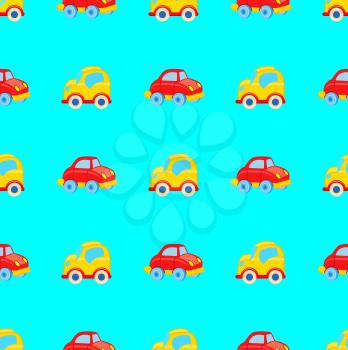 Yellow toy car with white wheels, blue windows and red retro car seamless pattern ivector illustration. Boyish toy for entertainment wallpaper design