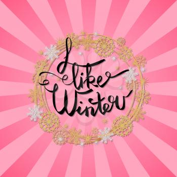 I like winter poster in decorative frame made of silver and golden snowflakes and round circles, snowballs of gold in x-mas border isolated on pink with rays vector