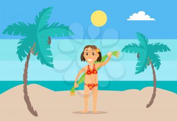 Girl standing on sand in swimsuit holding towel on back, mountain landscape and sunny weather, palm trees vector. Female teenager dry or wipe herself