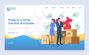 Produce in China and sell worldwide vector, people standing by packages, business partners working on common project, delivery and shipment. Website or webpage template, landing page flat style