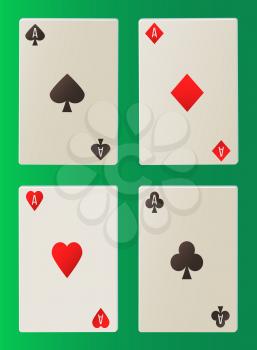 Playing cards, collection or deck of aces, collection of different suits, gambling or element of game, paper decoration on green, joker icons vector