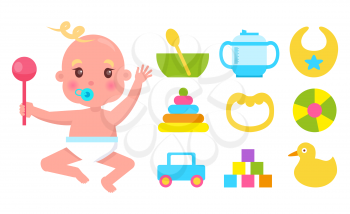 Small kid with raised hands that holding big pink rattle, vector illustration with white backdrop, dishware and toy car, duck and cubes, bib and ball