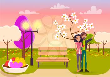 Beautiful woman with red flower and bearded man makes selfie on phone at flowering spring square background vector illustration