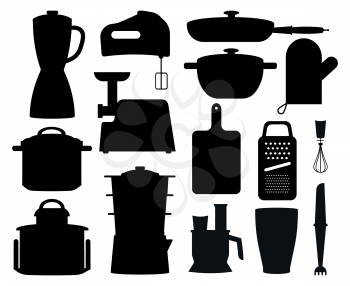 Set of black silhouettes of kitchen instruments vector illustration with mixers, grater and steamers, cooking glove and meat grinder, white background
