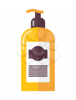 Bottle of luxurious skin lotion with dispenser isolated cartoon flat vector illustration on white background. Glossy container full of cosmetic means.