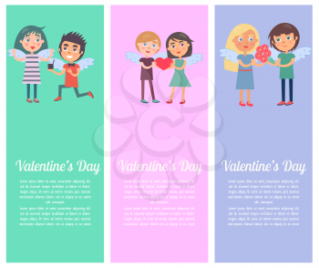 Valentines day postcards set with young lovers tenderly gently smiling, wings on back vector illustration isolated heart flower engagement sign banners