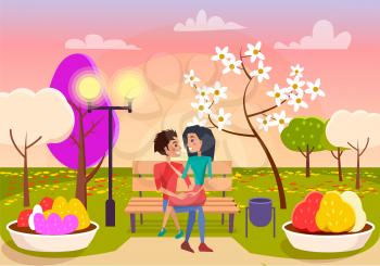 Boy sits on bench with girlfriend on his knees at sunset surrounded with blooming trees and flowers vector illustration.