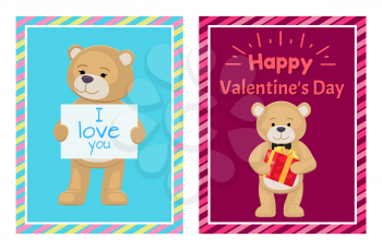 I love you and me teddy bears with heart sign vector illustration of stuffed toy animals, presents for Happy Valentines Day, cartoon posters