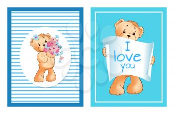 I love you and me teddy bears with heart sign vector illustration of stuffed toy animals, presents for Happy Valentines Day, cartoon posters