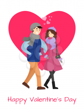 Happy Valentines day poster young couple in winter cloth vector isolated on pink heart. Dating girlfriend and boyfriend in warm apparel, hearts over heads