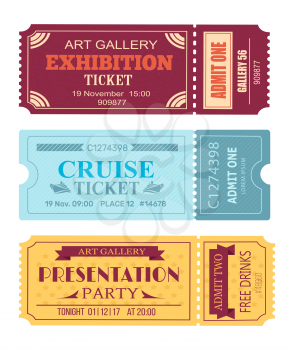 Art gallery exhibition ticket, cruise coupon, presentation party tonight pass admitons with control code set vector illustration isolated on white