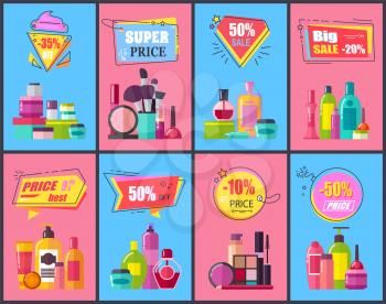 Big sale for decorative and skincare cosmetics promotional posters set. Makeup means and tools vector illustrations on discount announcement banners.