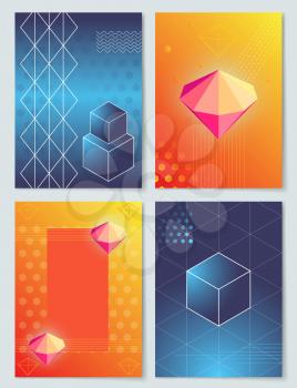 Diamonds and cubes collection of geometric shapes of different colors, posters with lines and dots, vector illustration isolated on grey background