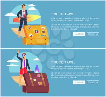 Time to travel set of web pages, businessman relaxing at seaside, suitcase with stickers, surfboard on background isolated on vector illustration