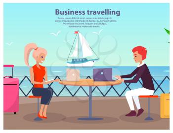 Business travelling, poster with text and title, man and woman waiting for ship and surfing web with help of laptop, isolated on vector illustration