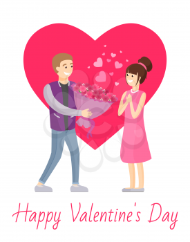 Happy Valentines day poster man presenting luxury bouquet of flowers to woman, vector illustration of dating couple in love vector isolated on heart