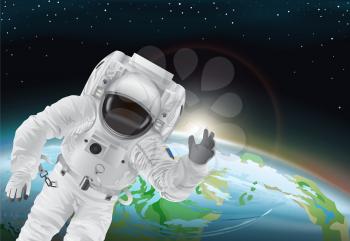 Astronaut and Earth on background, sunrise and man wearing spacesuit and waving to people, exploration poster vector illustration isolated on black