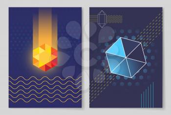 Luminous crystal that spreads strong stream of light and six-pointed geometric shape vector illustrations on abstract posters with dark background.