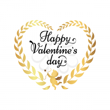 Happy Valentines day poster with inscription in hearts shape frame, cupid with wings and leaves vector illustration isolated on white
