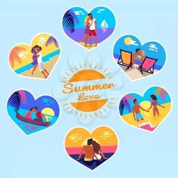 Summer love memory photos of happy couples on vacation at seaside that kiss on sunset, hug on beach vector banners in heart shape frame set.