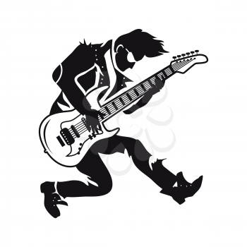 Guitarist wearing leather jacket with thorns playing and performing different songs depicted on vector illustration isolated on white