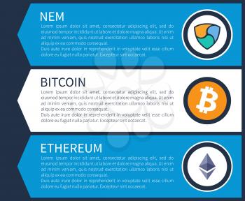 Colorful nem, orange bitcoin and white ethereum inside circles on Internet promotional page template with sample texts cartoon vector illustration.