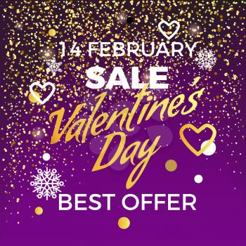 Valentine s Day 14 February sale best offer poster with discount advert, doodles, snowflakes, hearts and confetti. Vector illustration on dark background
