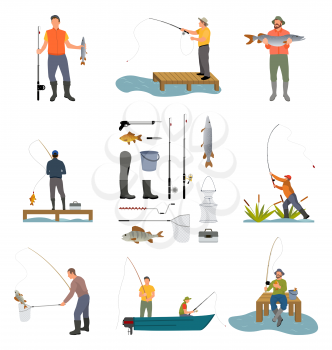 Fishing people and items related to men hobby. Posters set with rod, landing net and rubbers high waders. Fishers on floating boat vector illustration