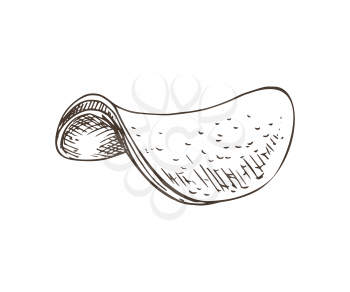 Chips monochrome sketch product closeup. Fried potatoes snack for beer. Accompaniment to alcoholic beverages, fat takeaway food vector illustration