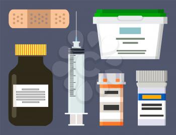 Medicine production icons set. Glass and plastic bottles containers with medicaments. Syringe and plaster for patients first aid vector illustration