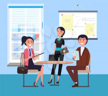 Happy office workers and businessmans color card, flat design made in blue, wall with desk and pinned papers, cozy round table and sitting people