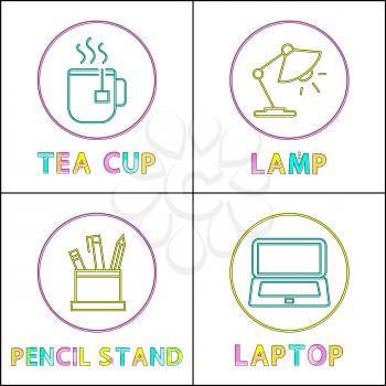 Office equipment round linear icons templates set. Tea cup, table lamp, pencil stand and modern laptop outline symbols isolated vector illustrations.