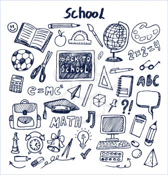 Set of school stuff hand drawn vector illustration with globus bell computer calculator pen pencil bag rubber and scissors isolated on bright backdrop