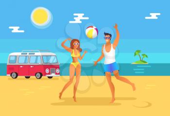 Girl and guy play volleyball on sea beach. Man near woman in swimwear spend time at seaside. Female or male character throws ball vector illustration.