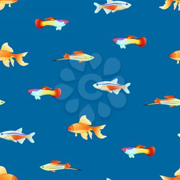 Seamless pattern with small marine creatutes cartoon vector illustration. Print for textile or fabric with sea inhabitants, cartoonish wallpaper.