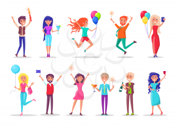 Girls and guys with balloons and gifts, birthday celebration vector. Men and women, firework and cocktail, sparkler and card, package and flag, champagne