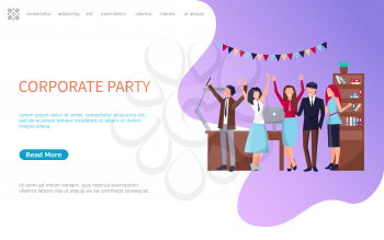 Corporate party, coworkers web page template with business people celebrating holidays together, vector online poster, workers in office having fun. Website, landing page in flat