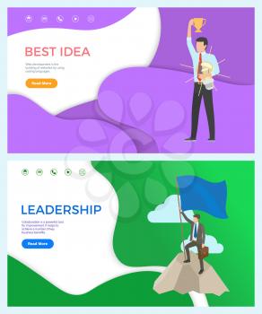 Best idea web page template man with trophy cup and bulb. Leadership web poster with man putting flag on top of mountains. Vector collaboration posters. Website landing page in flat